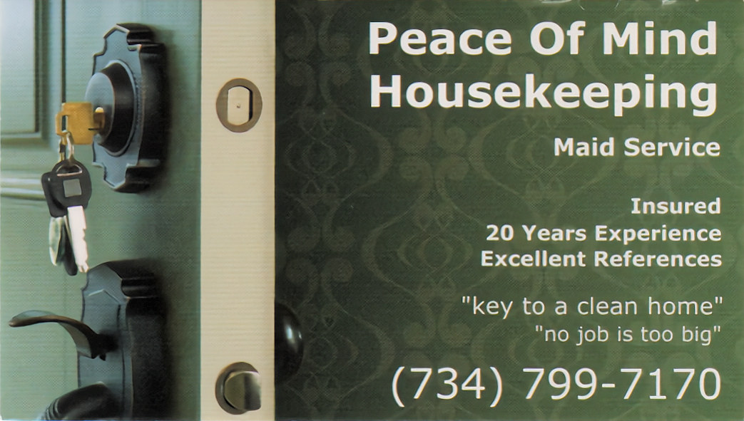Peace of Mind Business Card artwork with contact info