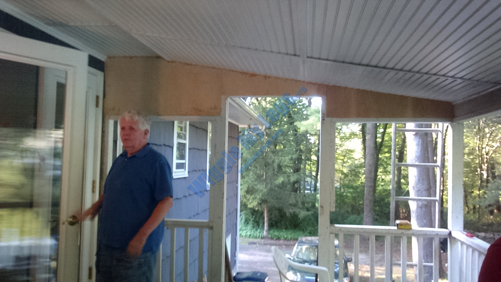That end of interior gable area complete with plywood panels, and home owner cameo.