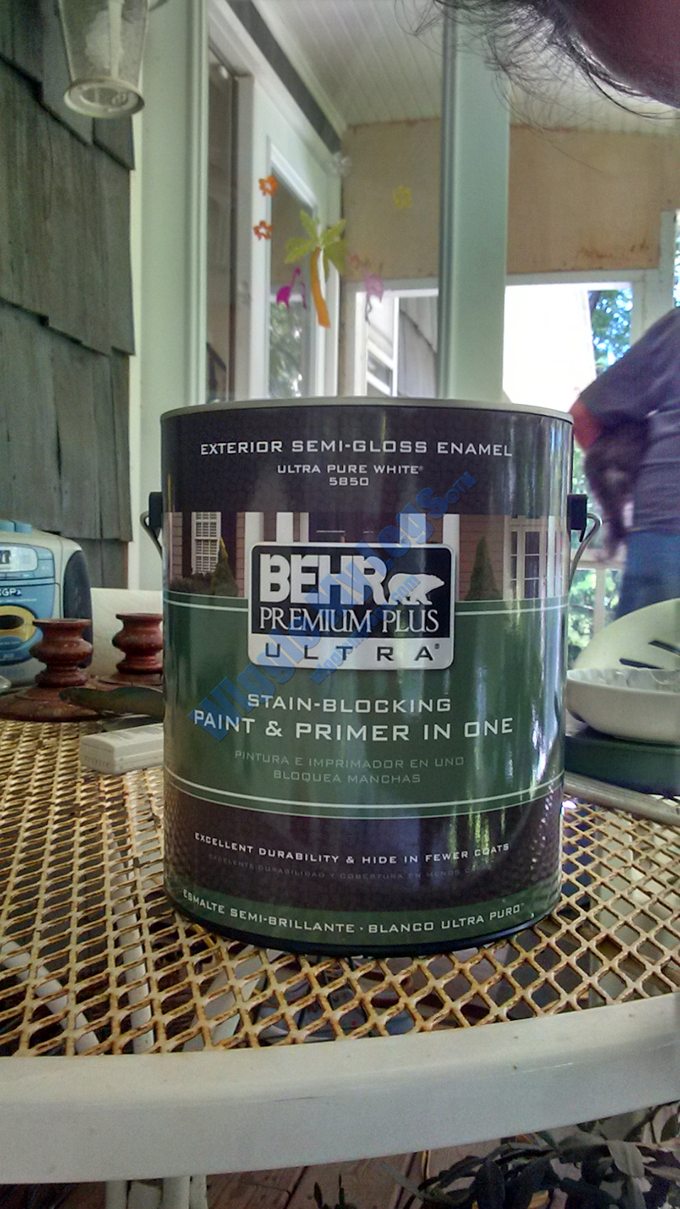 The chosen paint was this Behr Premium Plus Ultra, Stain-blocking Paint and Primer in One.