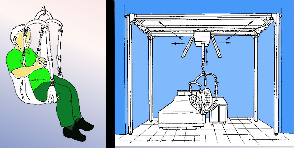 Depiction of ChamberLift 2000 Lift Aid in use, done with lineart.