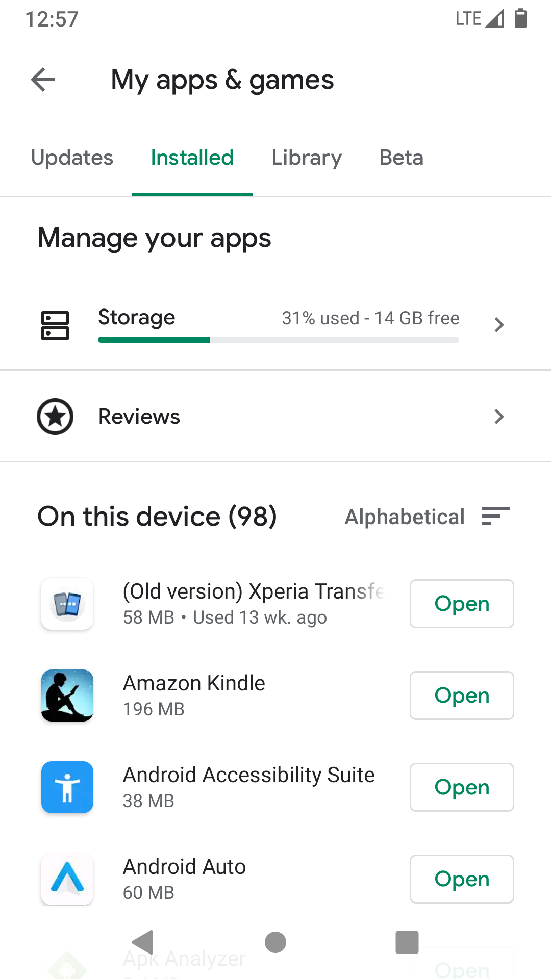 This screenshot shows 31% use of storage after loading my apps.