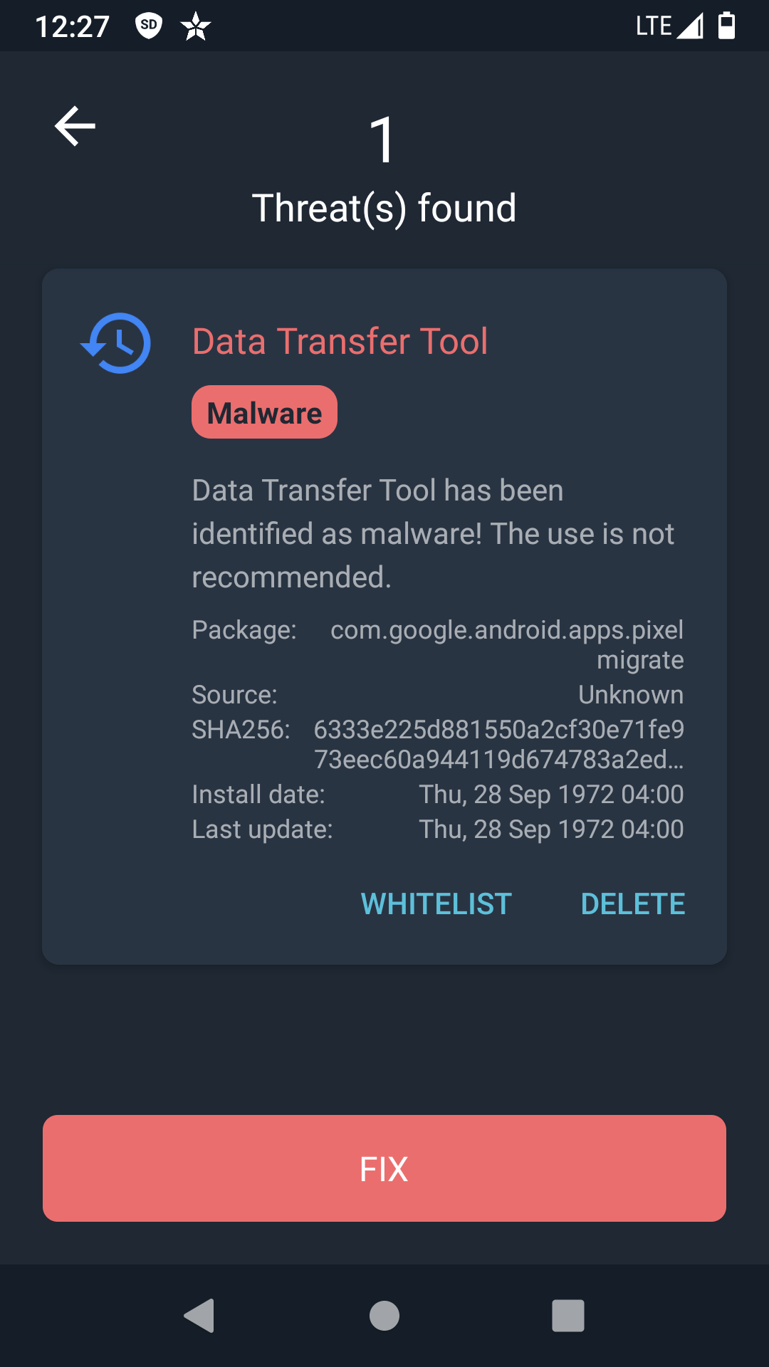 Screen grab of Spyware Detector showing Data Transfer Tool as threat found.