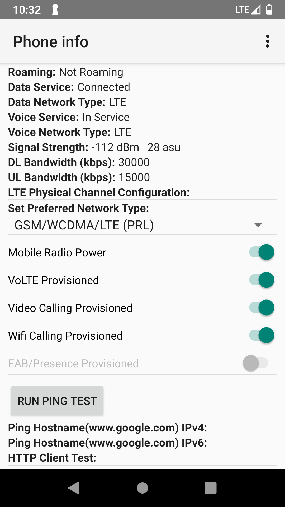 The screen grab from phone after entering MMI code of *#*#4636#*#* into dialer.