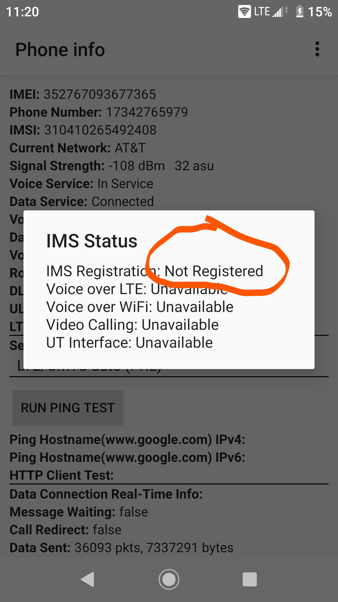 The screen grab from phone after entering MMI code of *#*#4636#*#* into dialer, and showing IMS not registered.