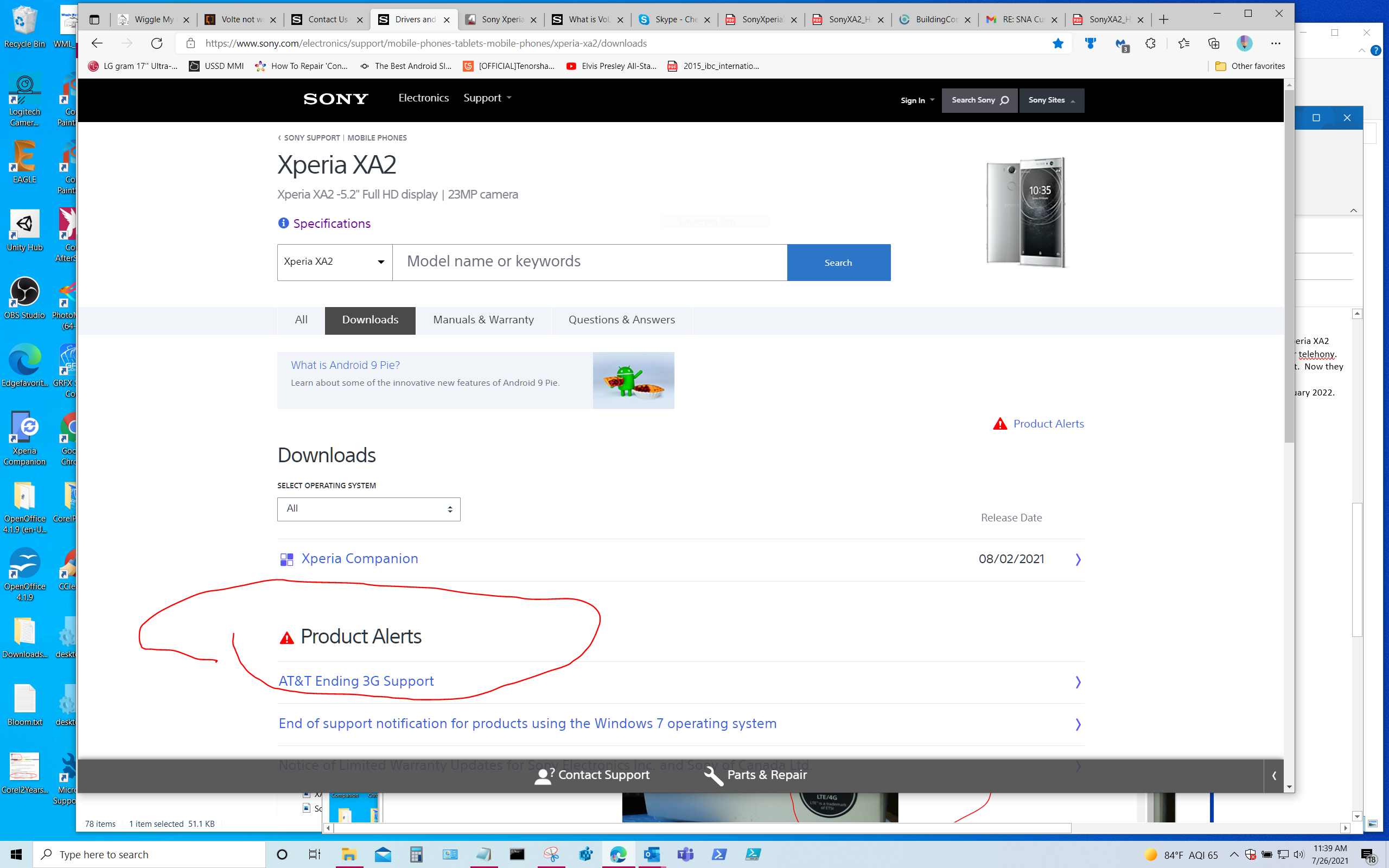 screen grab of Sony support URL for XA2 incorrectly showing XA2 with AT&T 3G cut off notice.