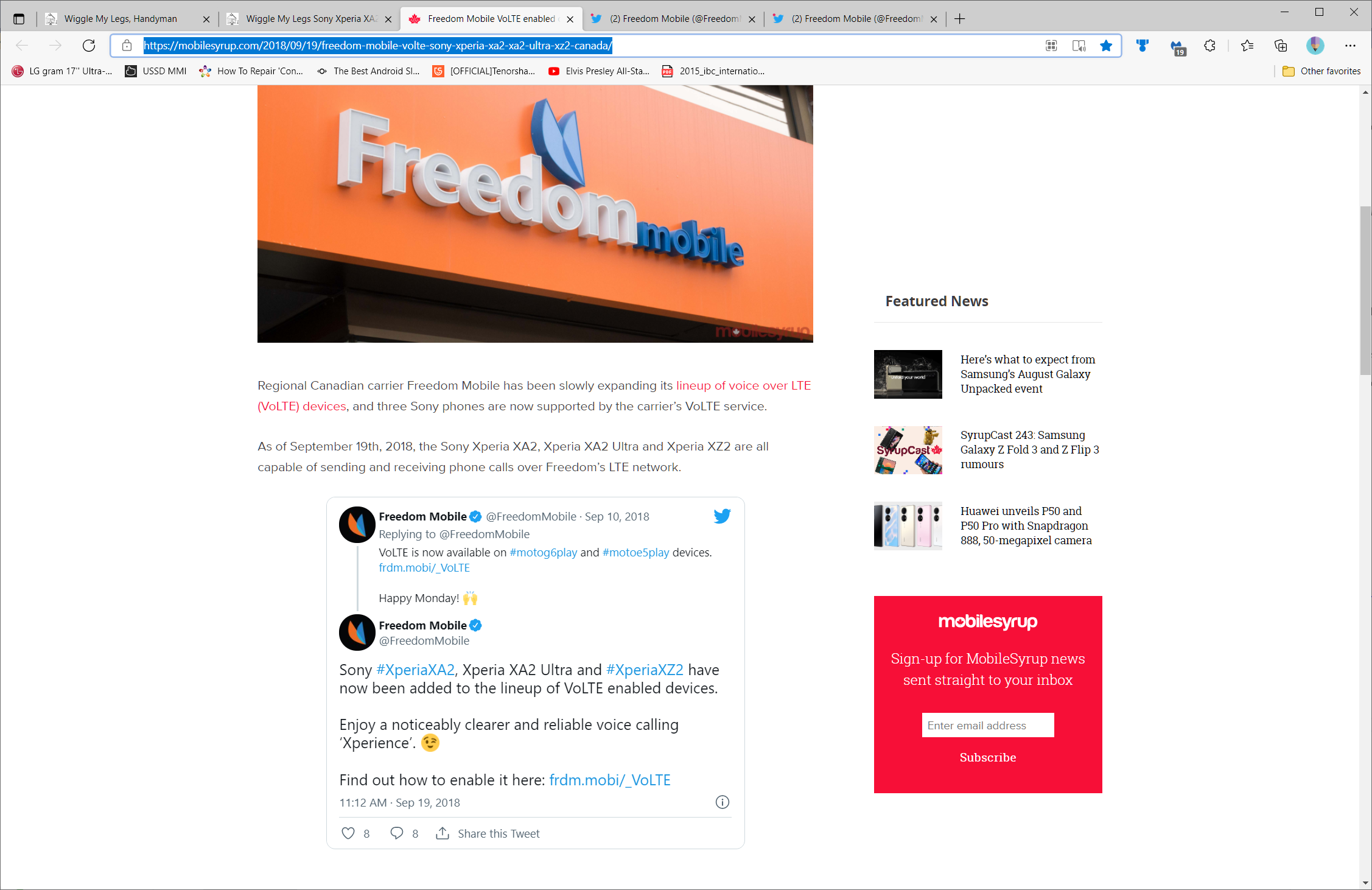 Tweet about Freedom Mobile adding Sony XA2 VoLTE support.