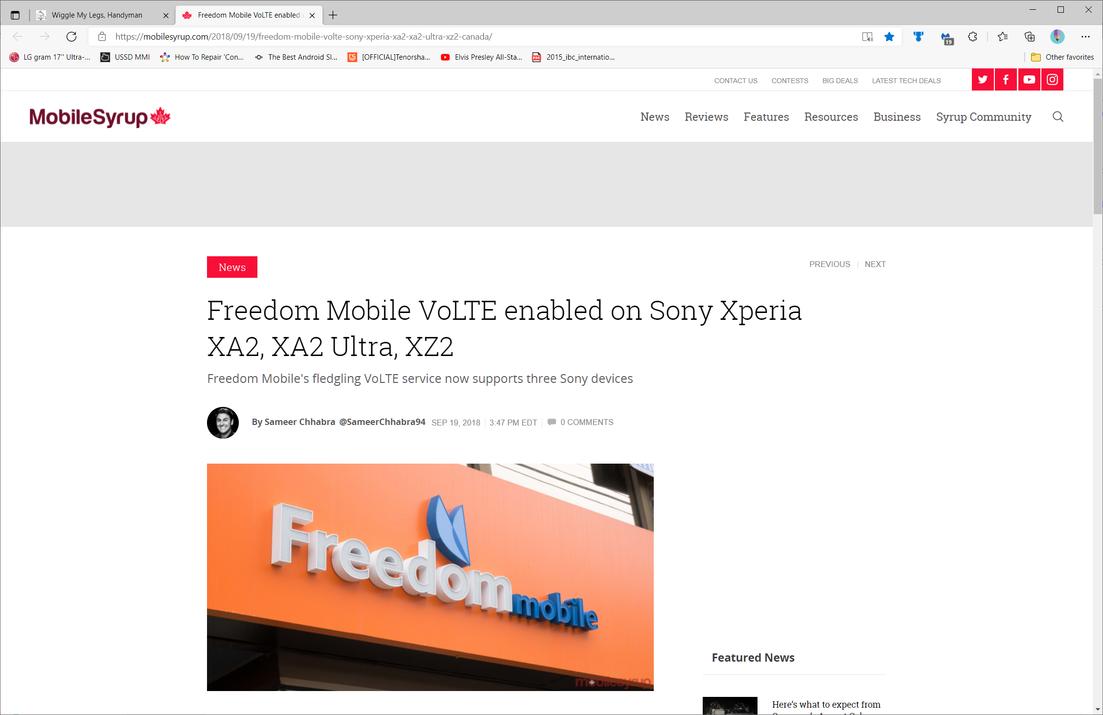 News article about Freedom Mobile adding Sony XA2 VoLTE support.