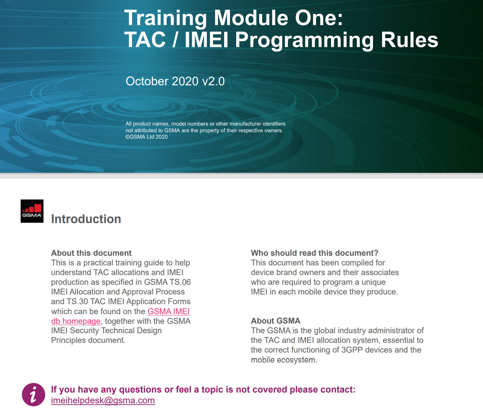 Screen grab from page 1 of a GSMA training PDF document.