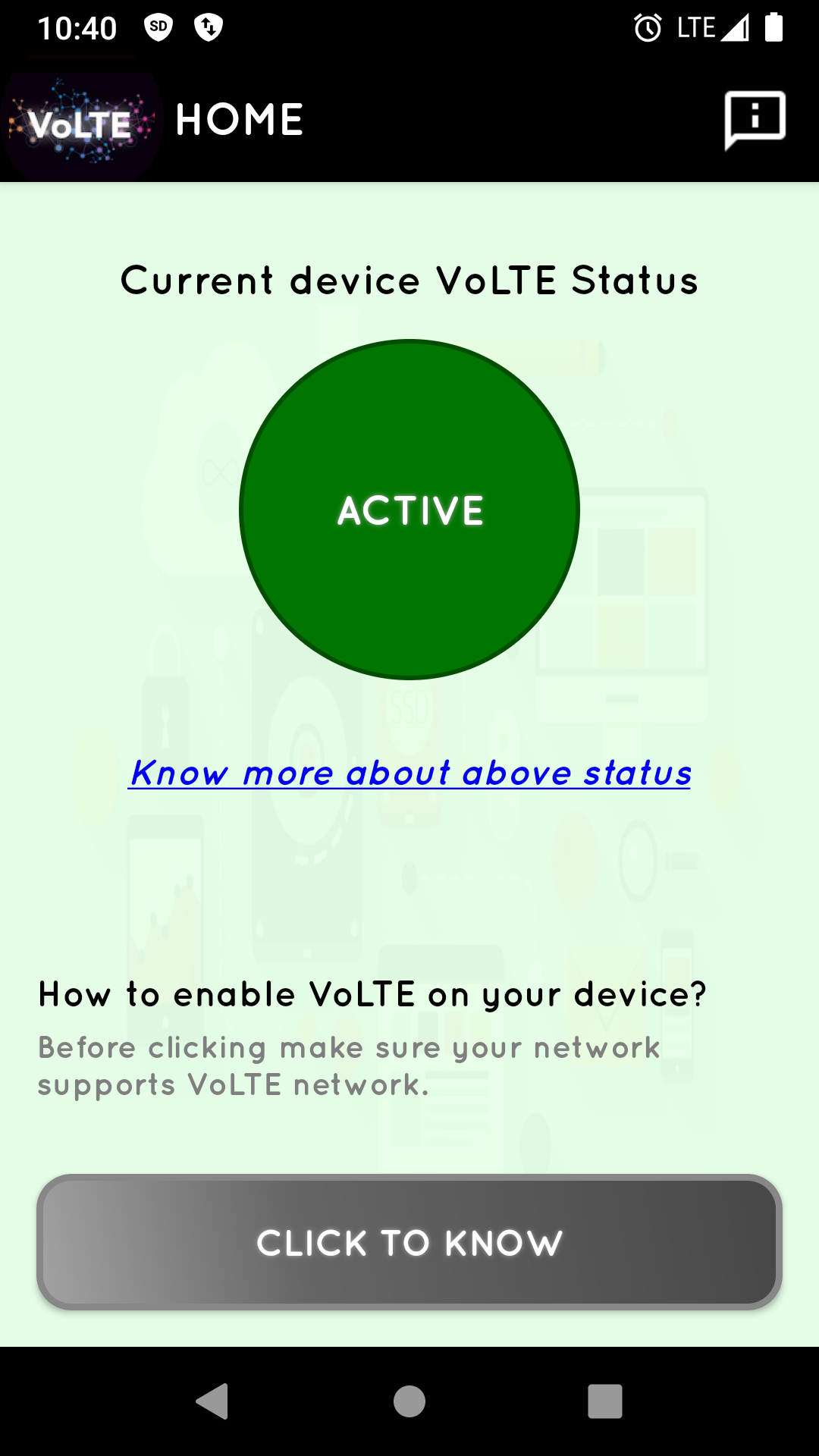 Screen grab from app VoLTE Check, showing Sony XA2 is VoLTE ready.